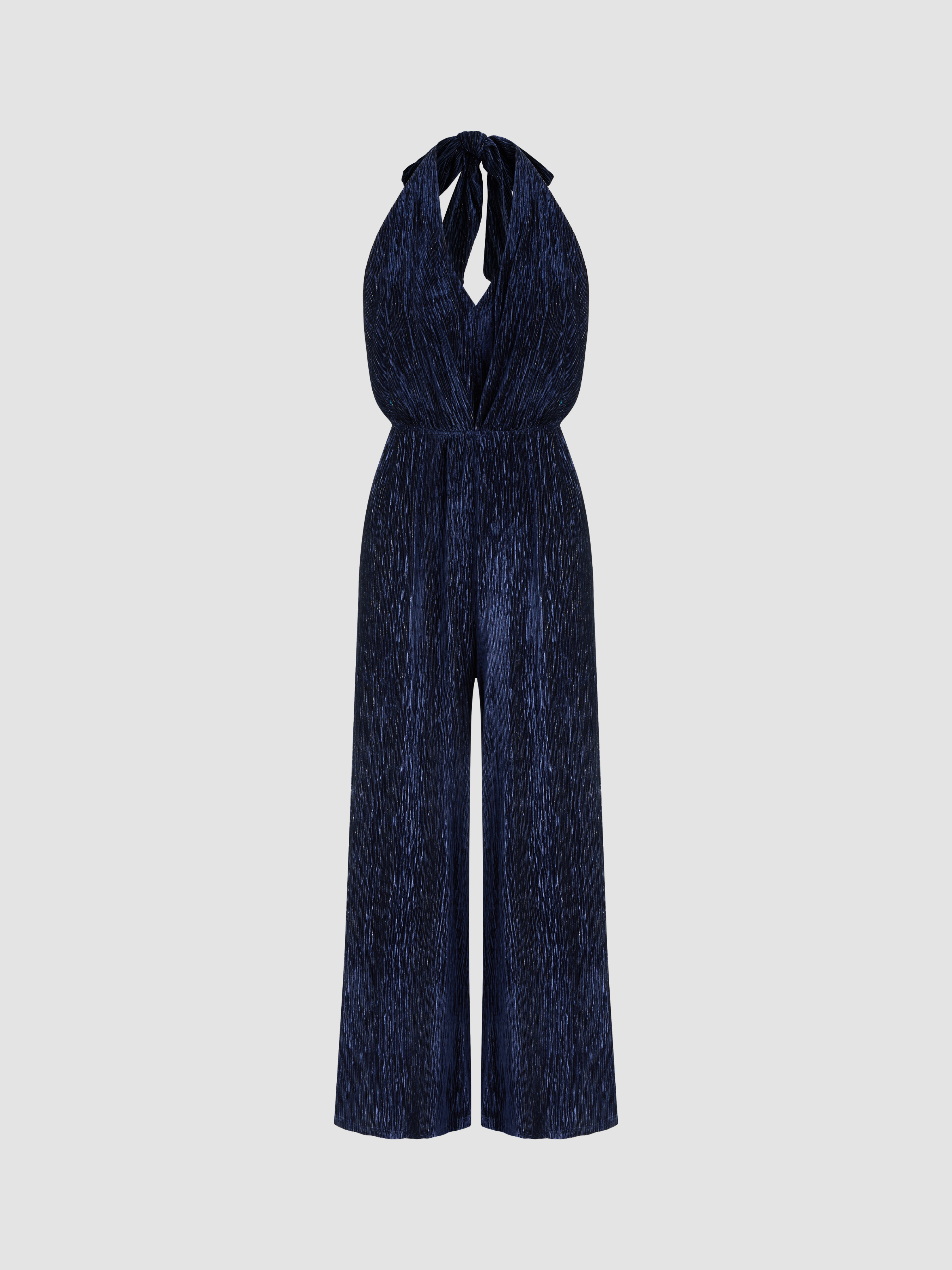 Velvet Metallic Halter Neck Backless Jumpsuit Cider