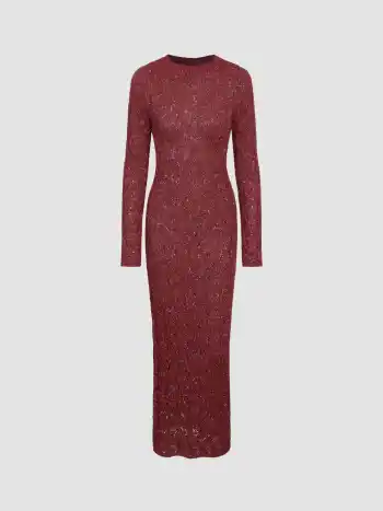 Wollmischung Rundhals Metallic Strick Maxikleid