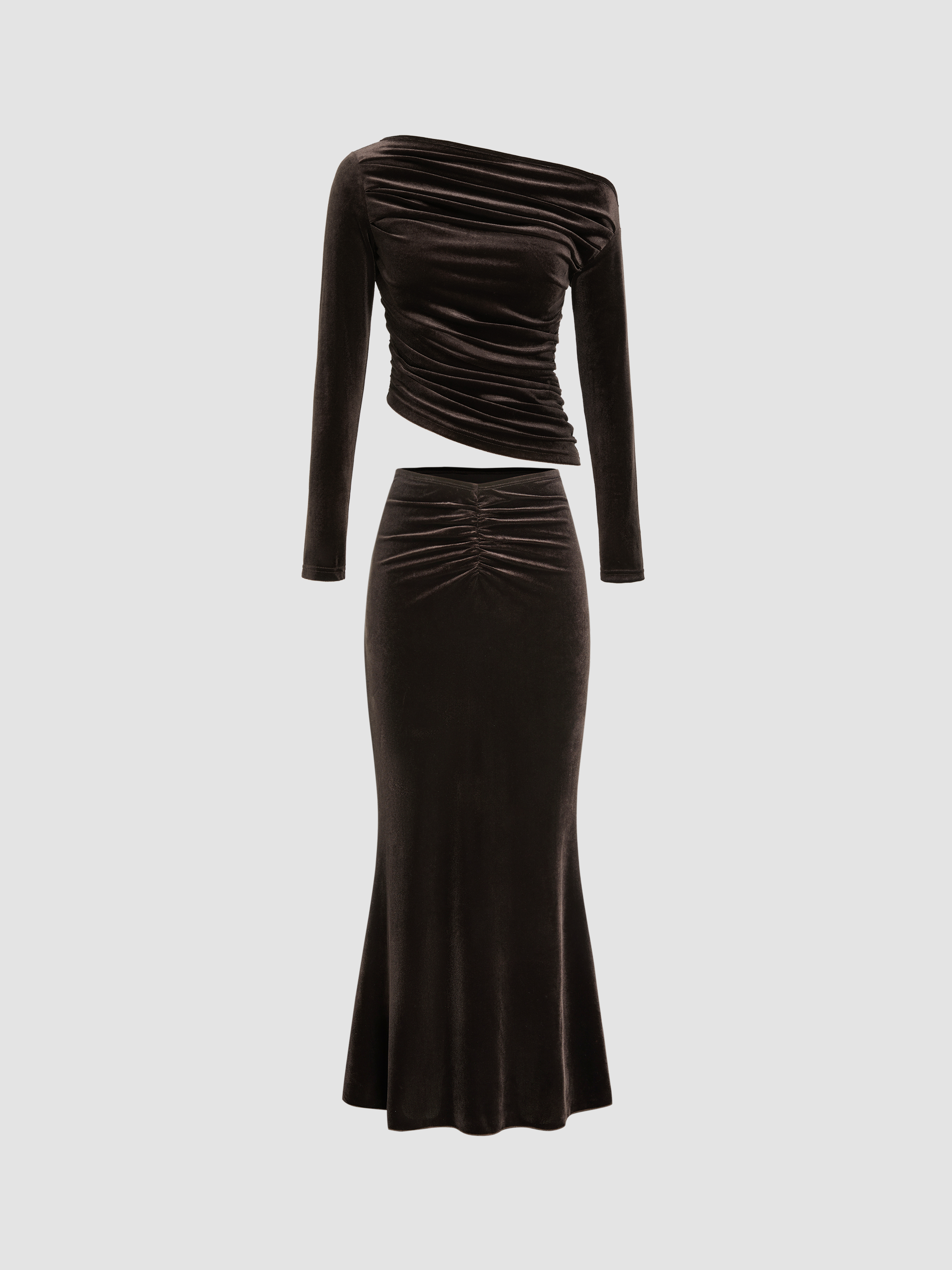 Velvet Asymmetrical Neck Solid Ruched Top And Ruched Mermaid Maxi Skirt