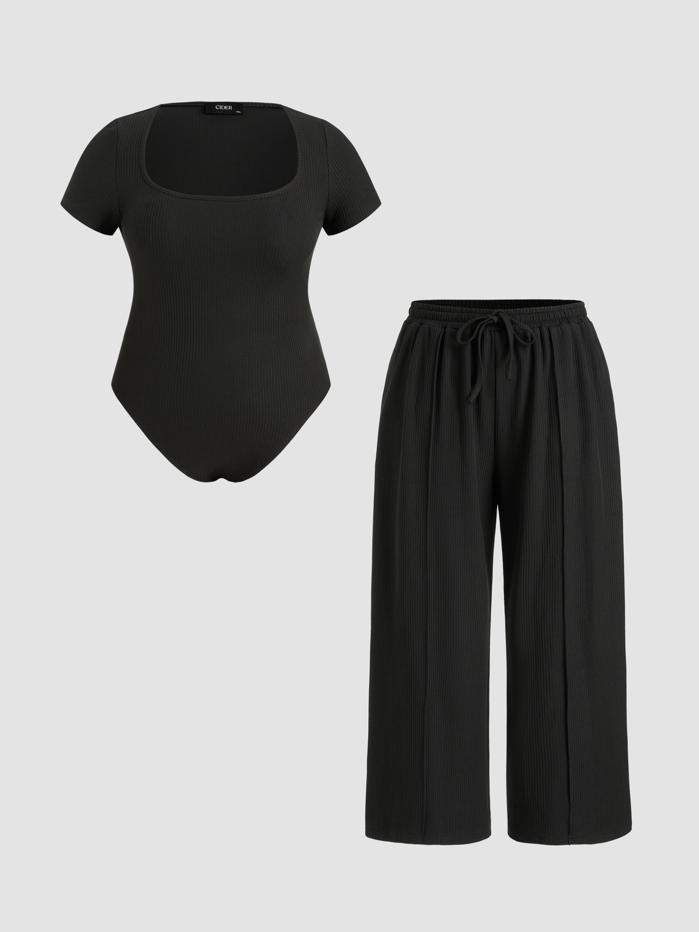 Knit Fabric U-neckline Bodysuit & Elastic Waist Wide Leg Pants Set ...