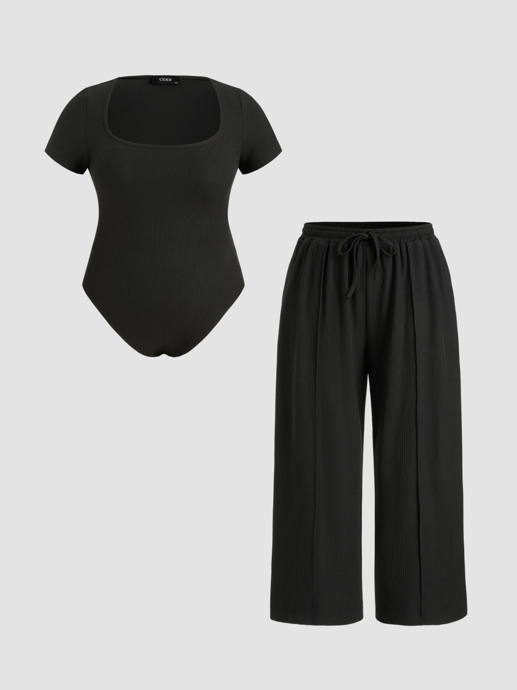 U-neckline Bodysuit & Elastic Waist Wide Leg Pants Set Curve & Plus