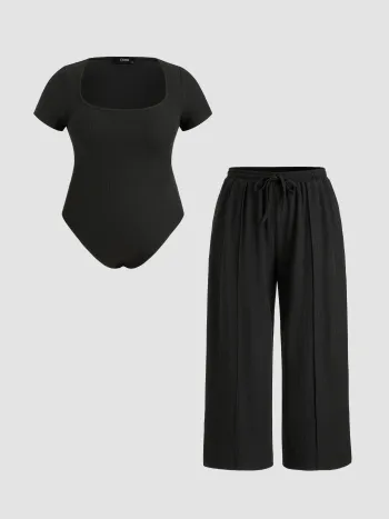 U-neckline Bodysuit & Elastic Waist Wide Leg Pants Set Curve & Plus