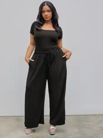 U-neckline Bodysuit & Elastic Waist Wide Leg Pants Set Curve & Plus