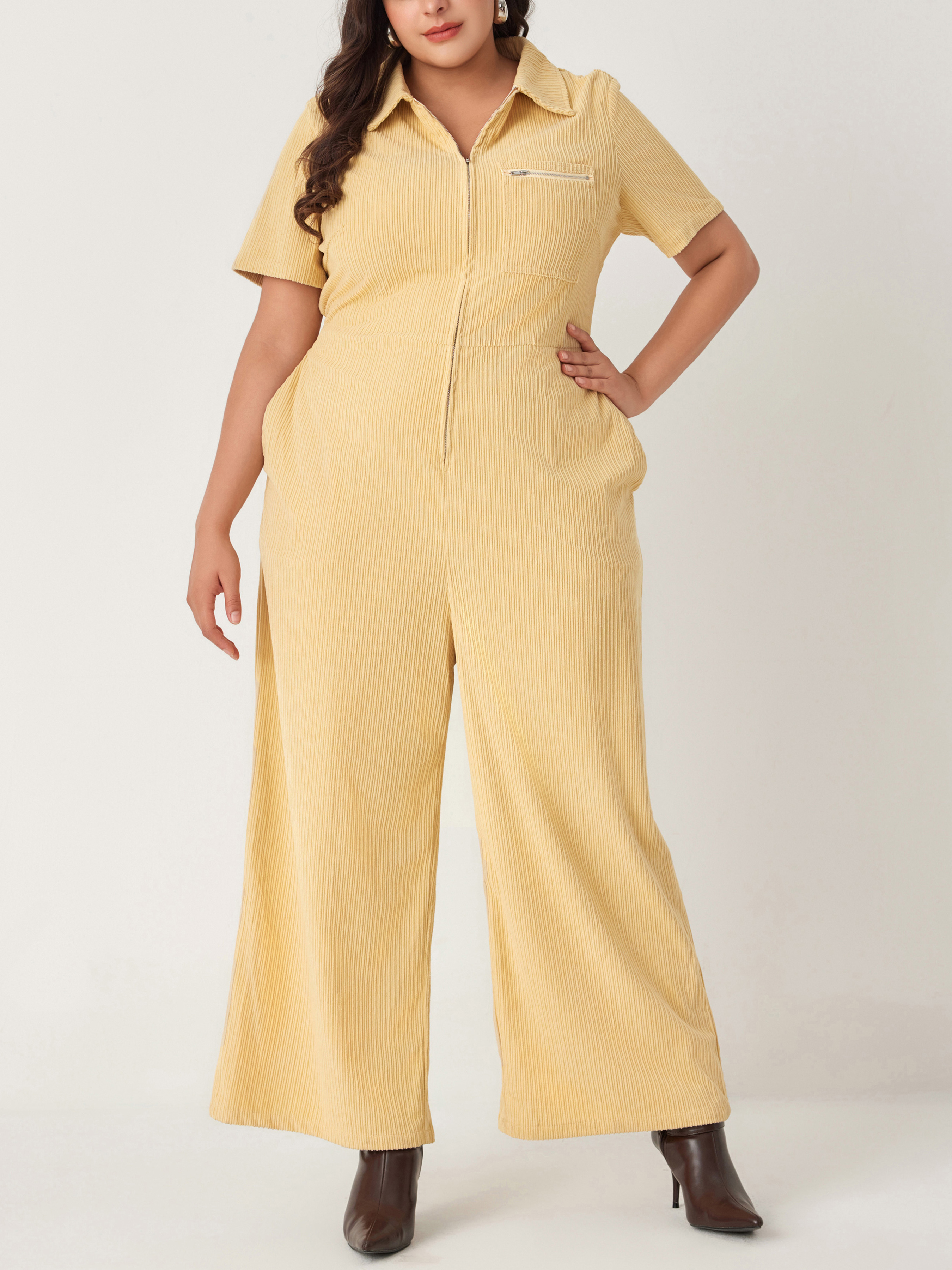 Corduroy Collar Solid Zipper Jumpsuit Curve & Plus For Daily