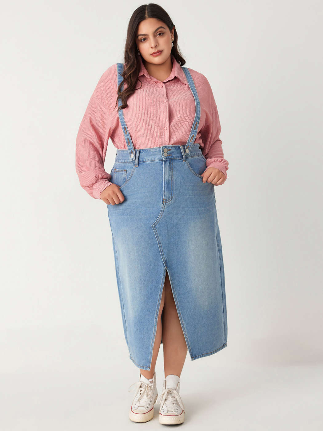 Jean Skirt Button Denim Split Pinafore Maxi Skirt Curve Plus For
