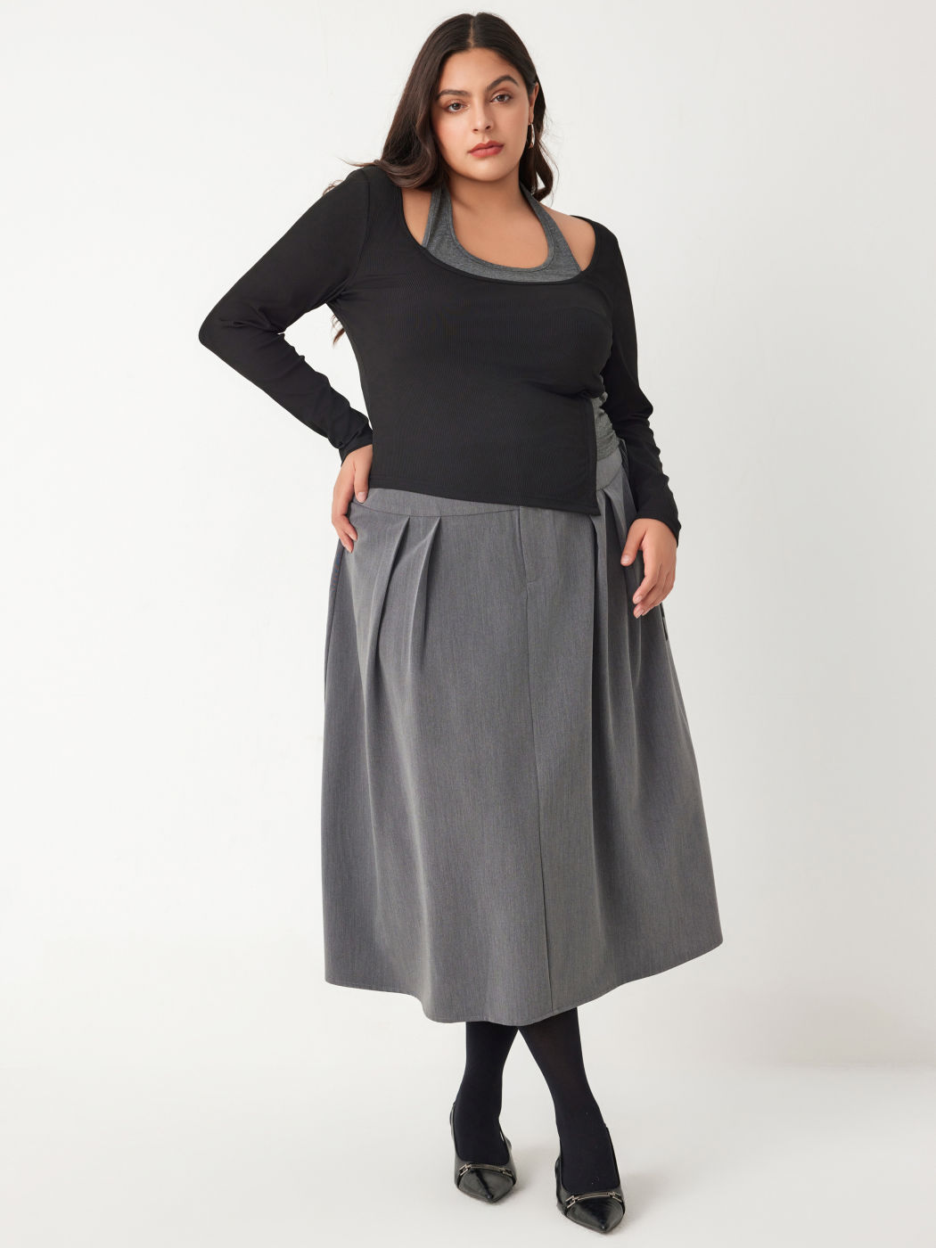  Jersey Halter Asymmetrisches Patchwork-Top mit Kordelzug und langen Ärmeln Kurve & Plus