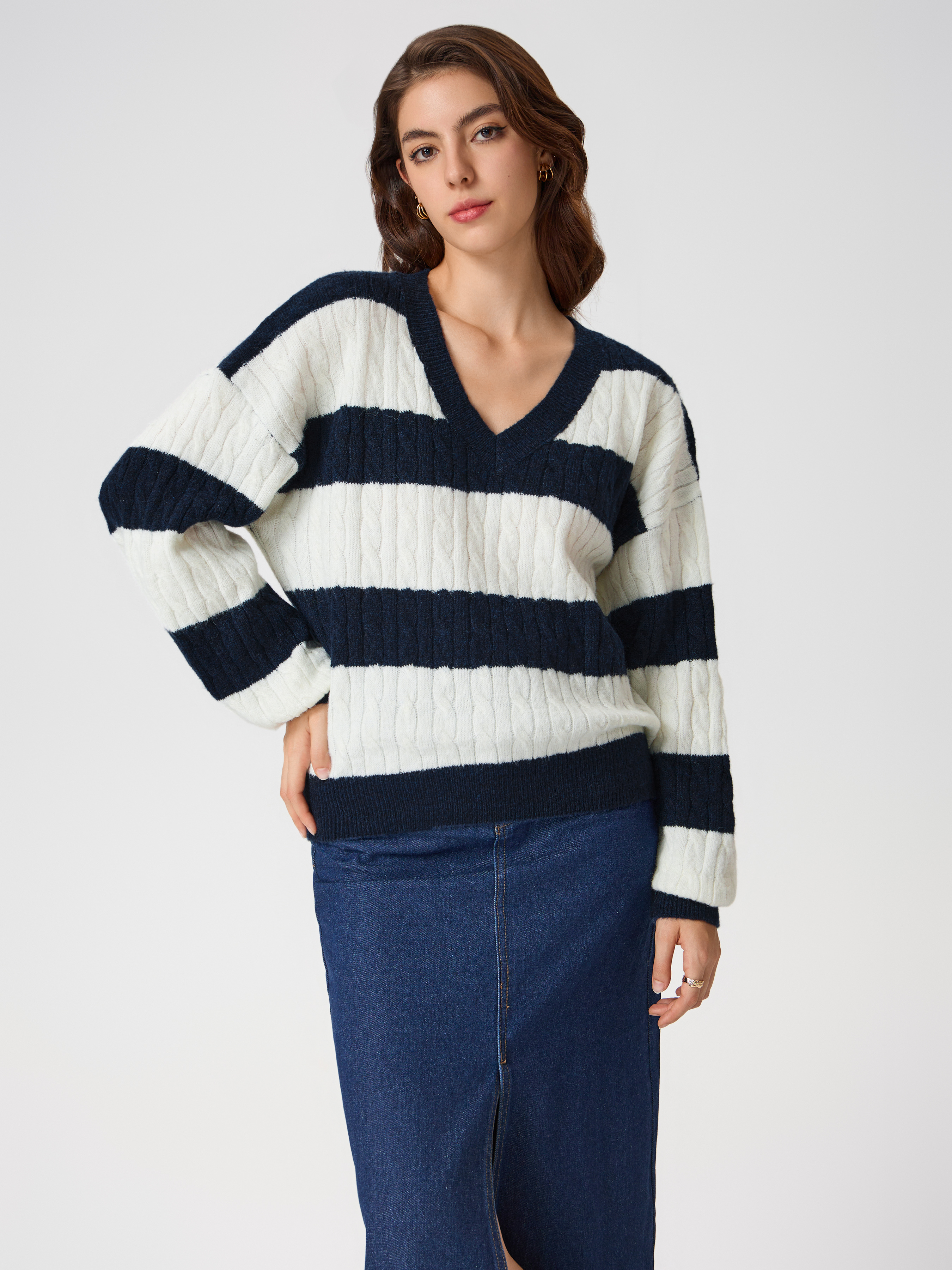 Fall Sweater Knit Fabric Wool-blend V-neck Cable Knit