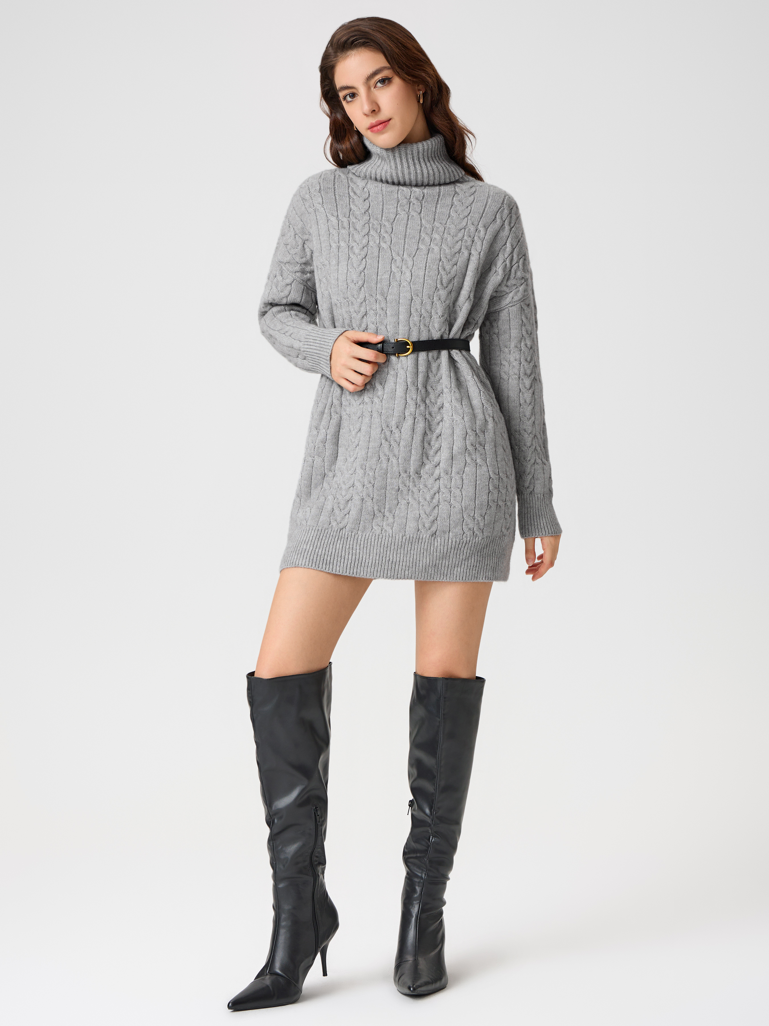Knit Cable Knit High Neck Solid Mini Dress