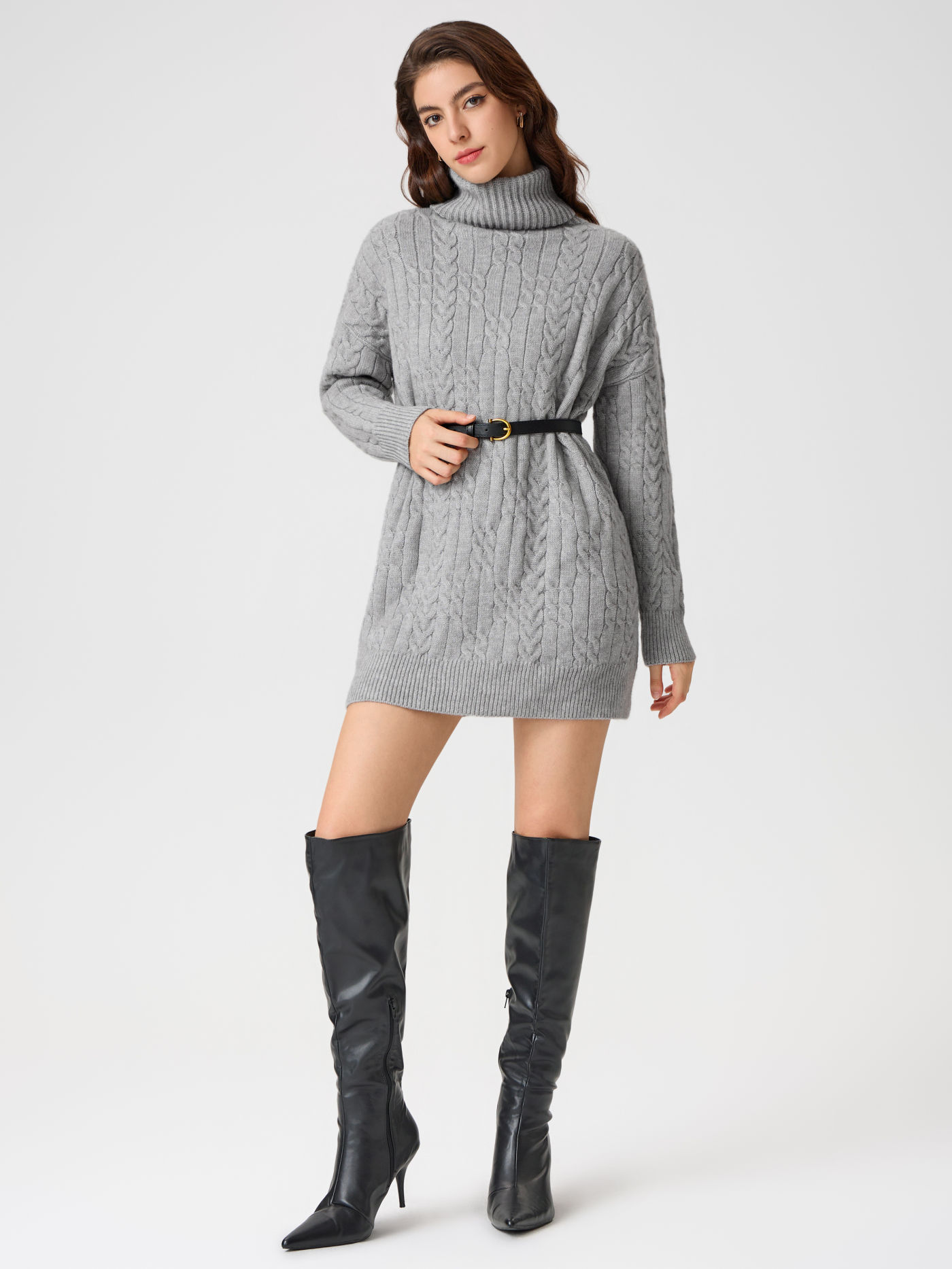 Knit Cable Knit High Neck Solid Oversized Mini Dress