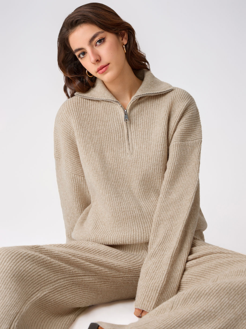 Wollmischung Kragen einfarbiger Reißverschluss Strickpullover