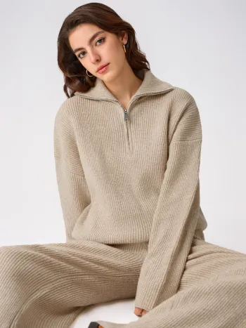 Wollmischung Kragen einfarbiger Reißverschluss Strickpullover