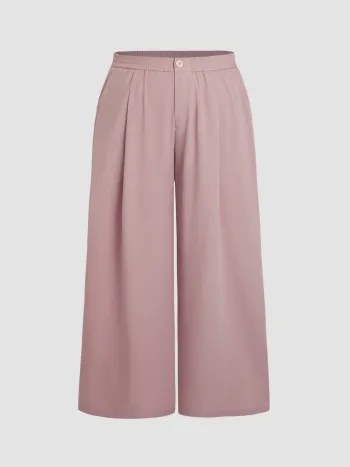 Einfarbige Hochbund-Pleat-Taschen-Breitbein-Hosen Kurve & Plus