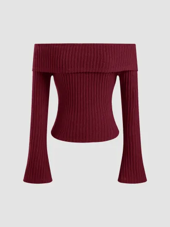 Off-shoulder Solid Long Sleeve Top