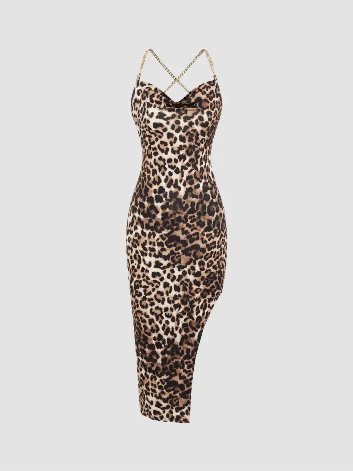 Cowl Neck Leopard Chain Midi Dress For Music Festival/Live House  Party/Clubbing