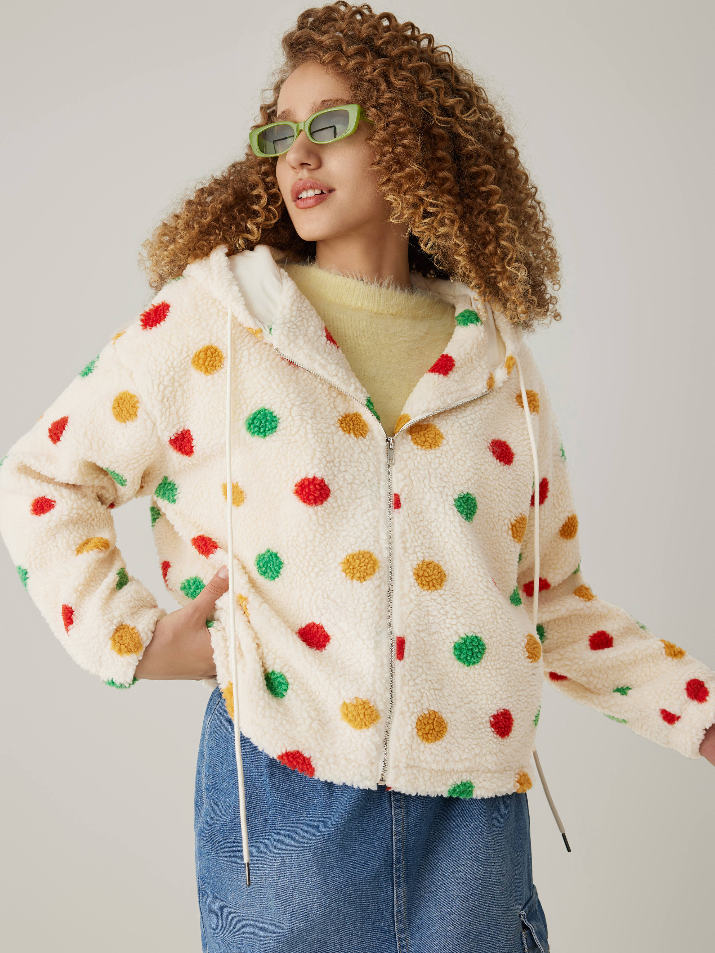 Fleece Hooded Polka Dot Zipper Jacket For School Daily Casual