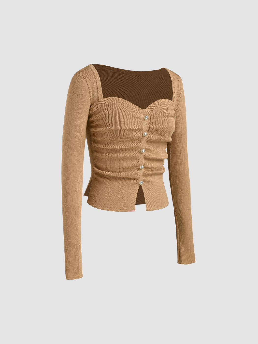 Crop top a manica lunga con scollo quadrato e solide perle finte, lavorate a maglia