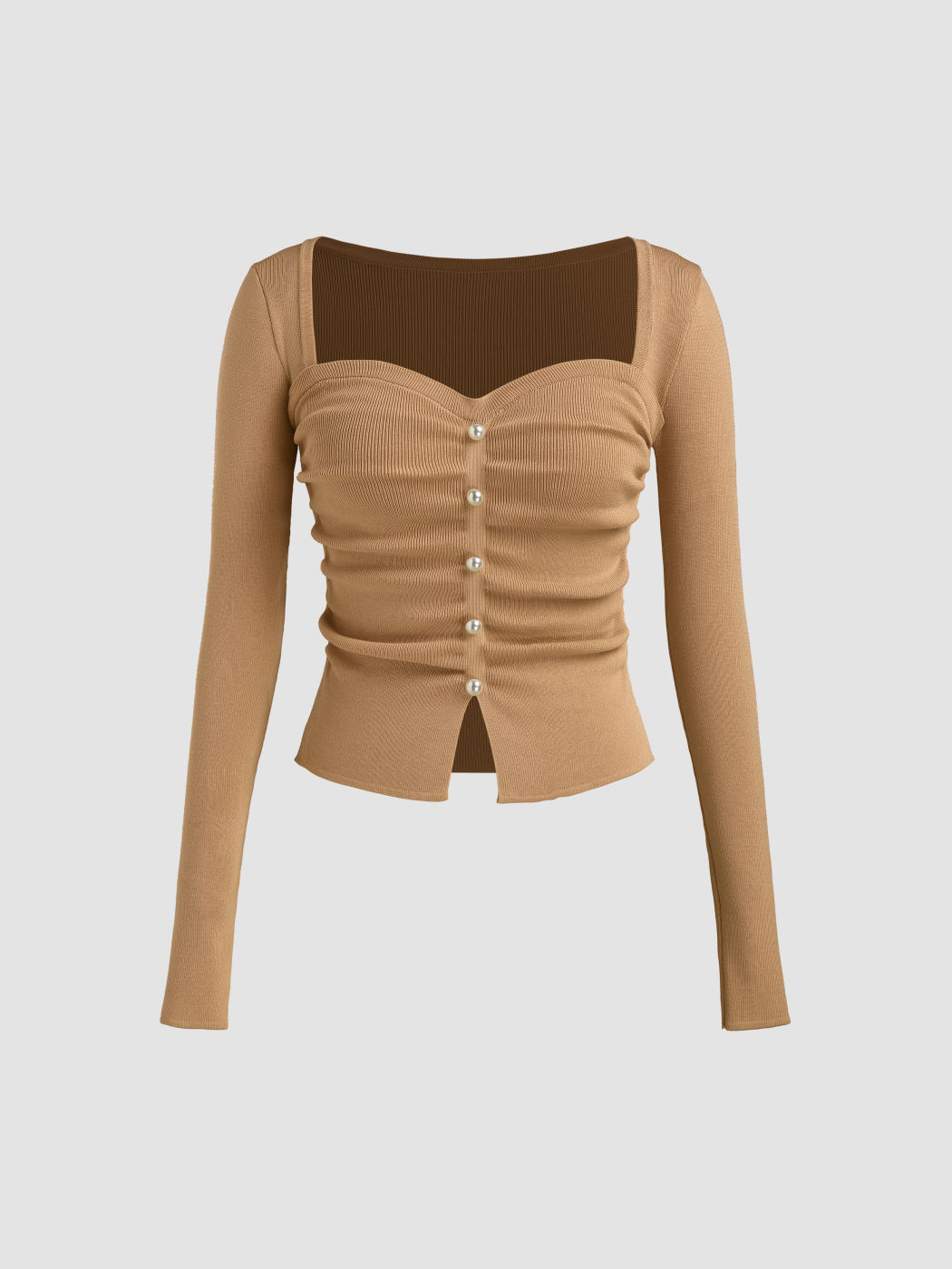 Crop top a manica lunga con scollo quadrato e solide perle finte, lavorate a maglia