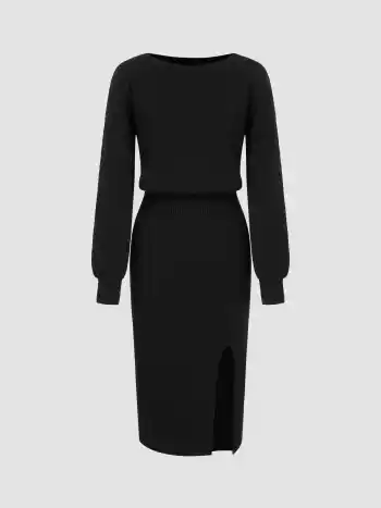  Rundhals Einfarbig Gerafftes Strick Midikleid