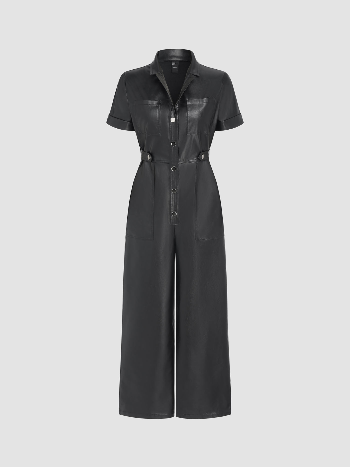 Faux Leather Button Collar Jumpsuit