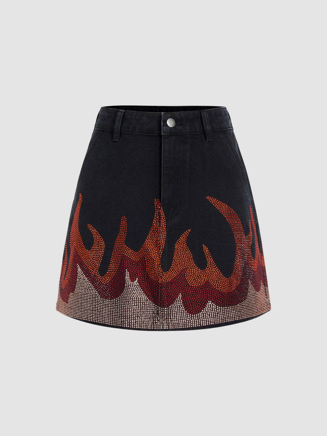 Low Waist Fire Rhinestone Denim Mini Skirt