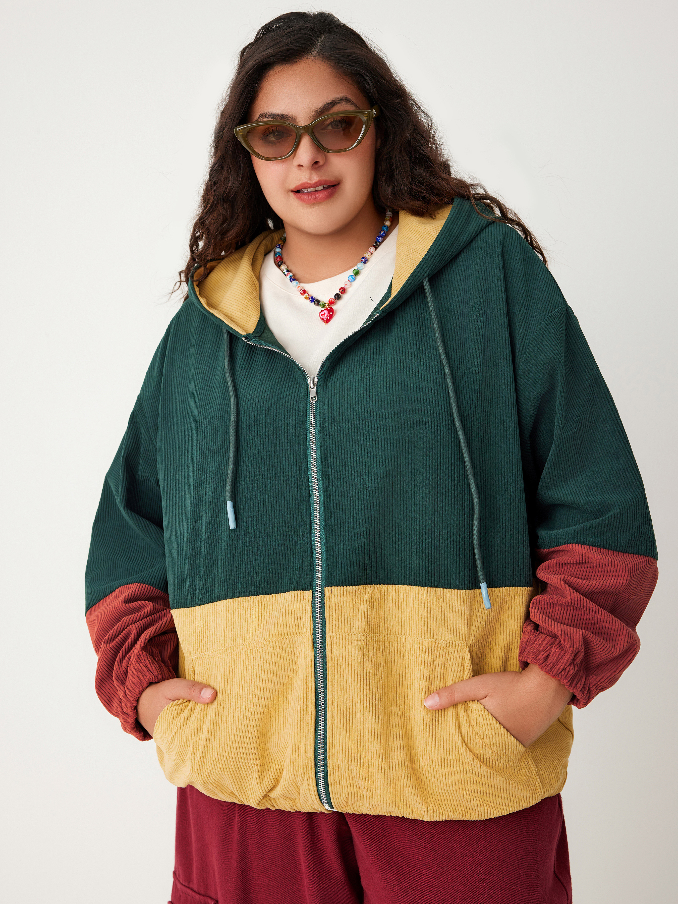 Patchwork Zip Pocket Hoodie Curve & Plus For Daily Casual School