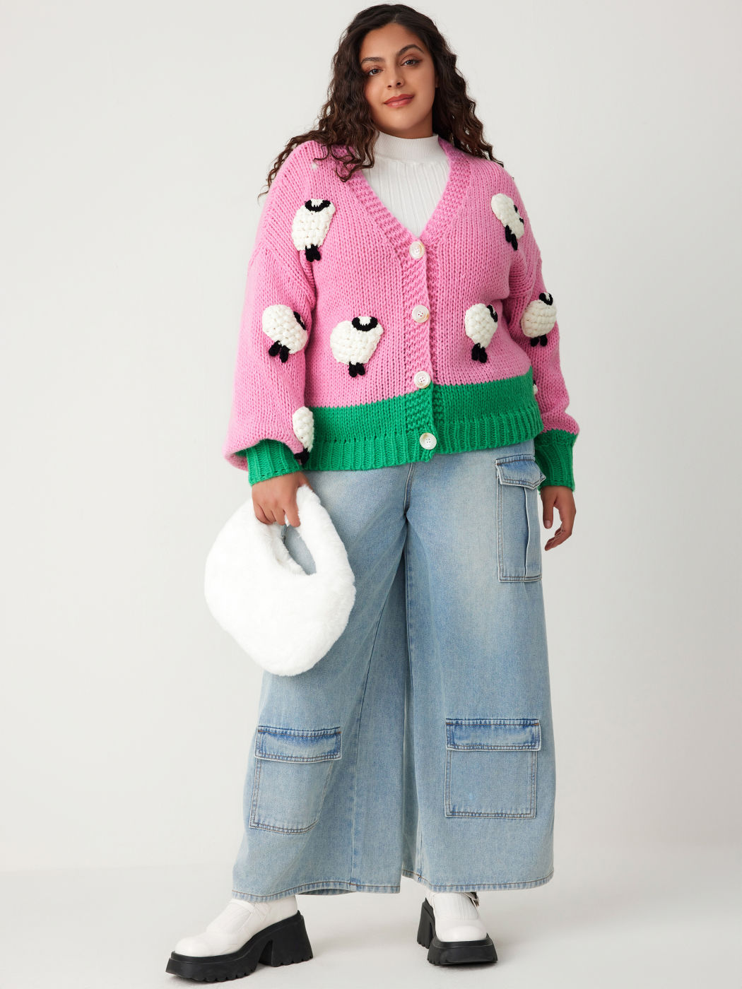 V-Ausschnitt Schaf-Knopf Patchwork Strickjacke Kurve & Plus