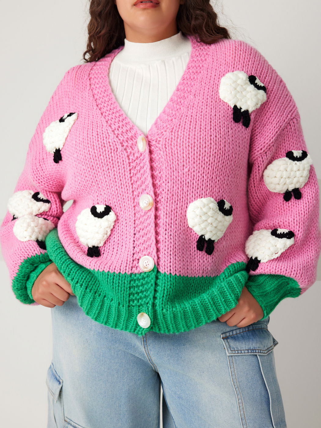 V-Ausschnitt Schaf-Knopf Patchwork Strickjacke Kurve & Plus