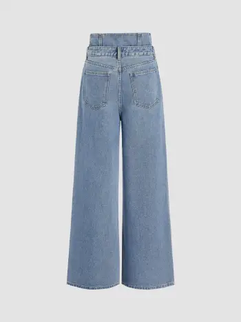 Double High Rise Solid Button Wide Leg Jeans
