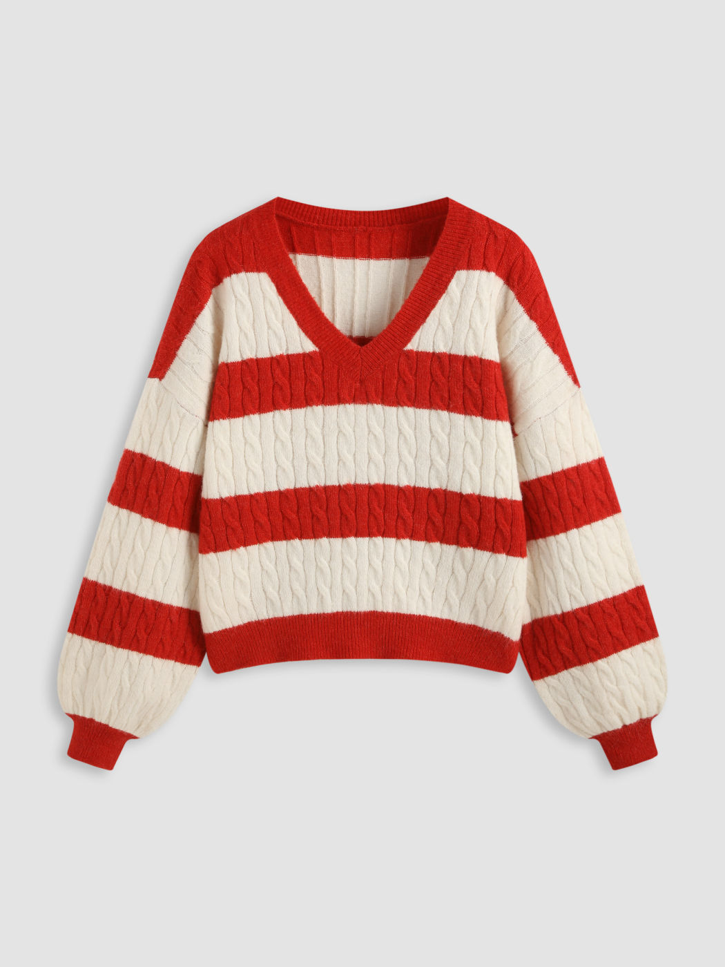  Wollmischung V-Ausschnitt Zopfmuster Gestreifter Langarm Pullover Kurve & Plus