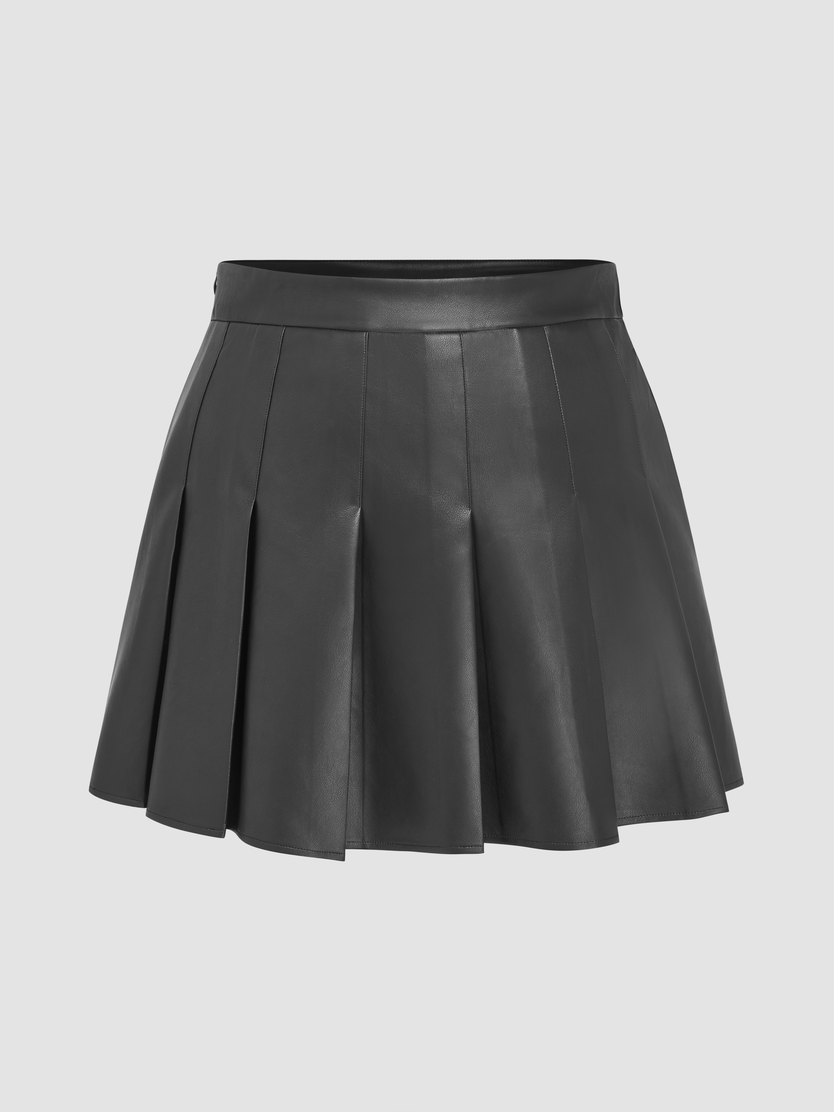 Faux Leather Pleated Middle Waist Solid Mini Skirt Curve