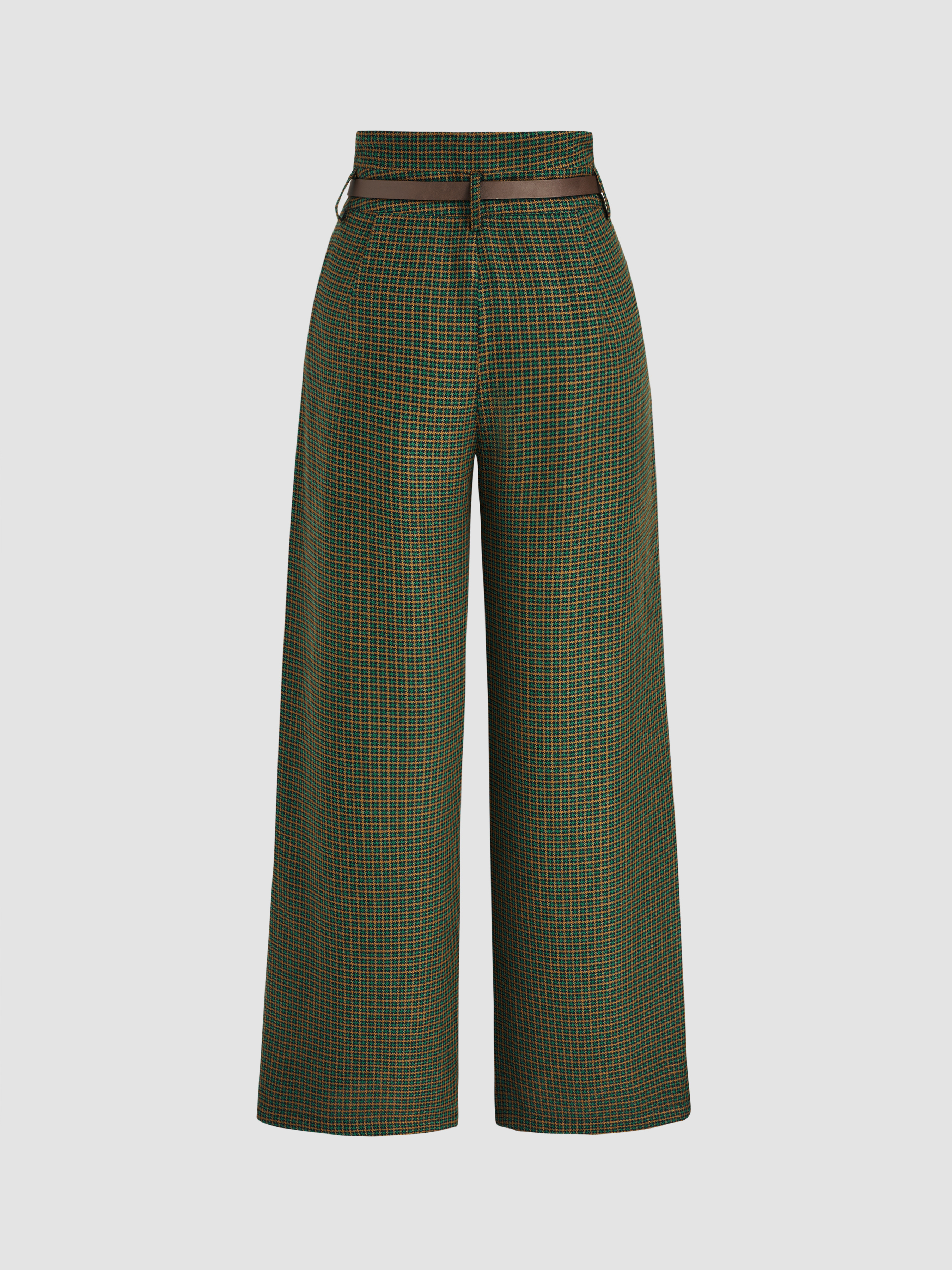 Preppy Woven Houndstooth High Waist Wide Leg Trousers With
