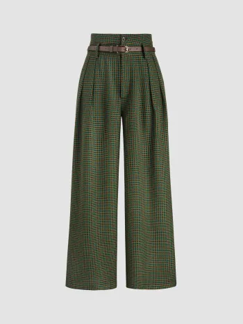Houndstooth High Waist Wide Leg Trousers With Belt