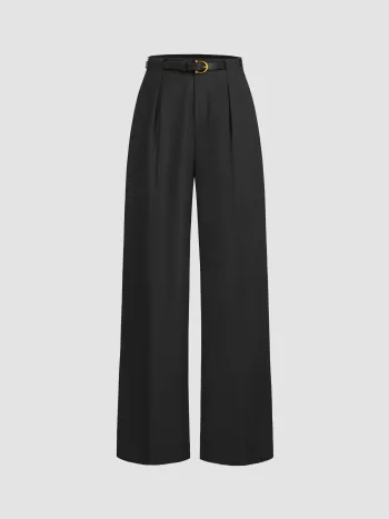 Mid Rise Solid Pocket Straight Leg Trousers With Belt