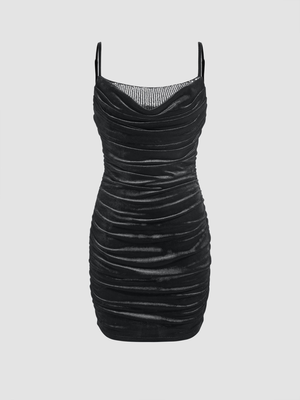  Samt Pailletten Wasserfallausschnitt Gerafftes Minikleid
