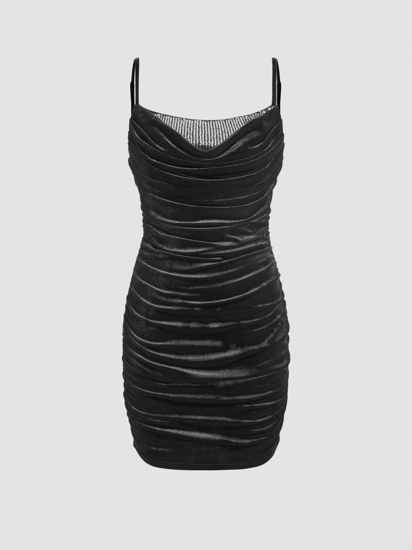 Velvet Sequin Cowl Neck Ruched Mini Dress