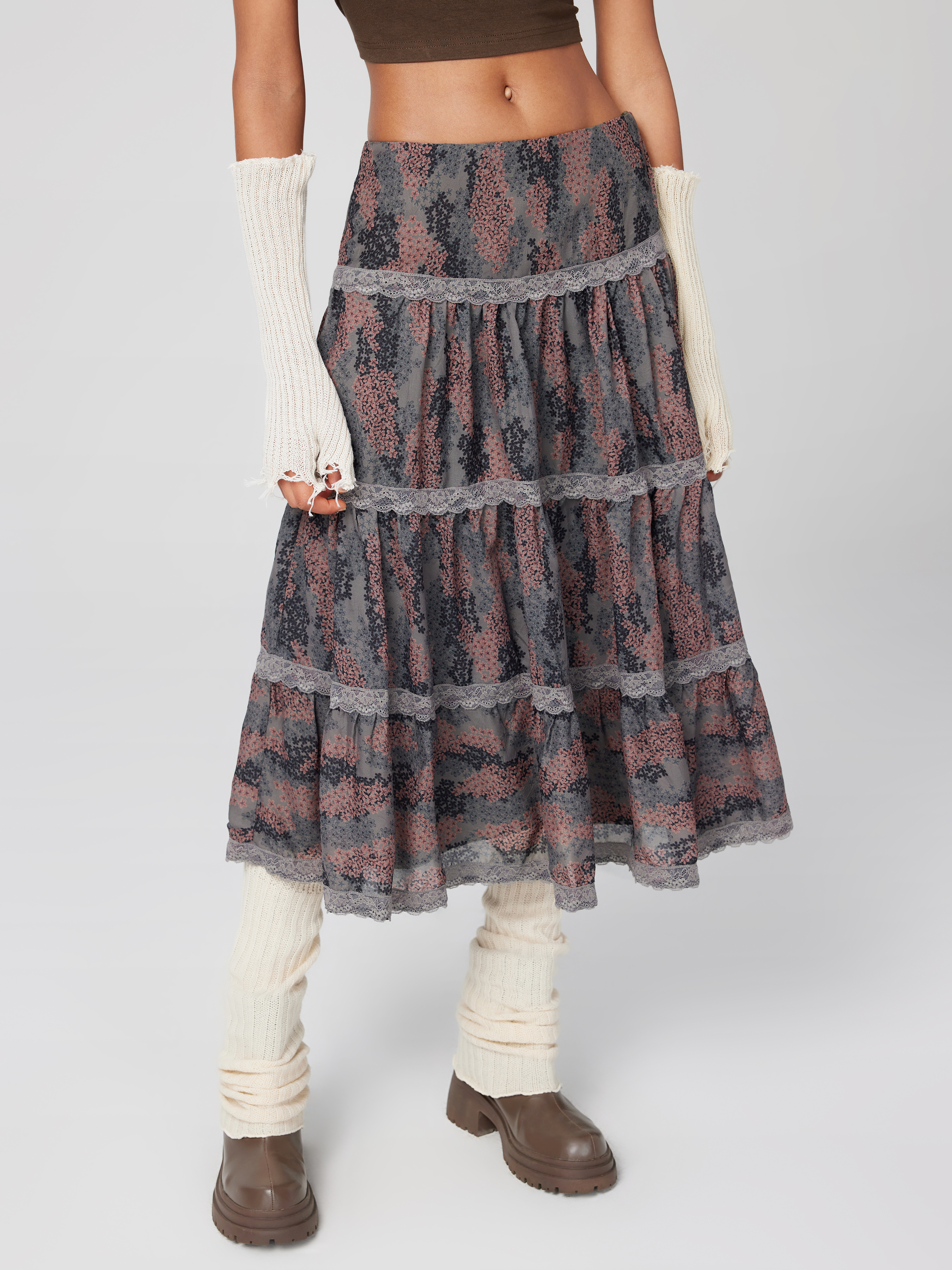 Chiffon High Waist Lace Tiered Ruffle Maxi Skirt
