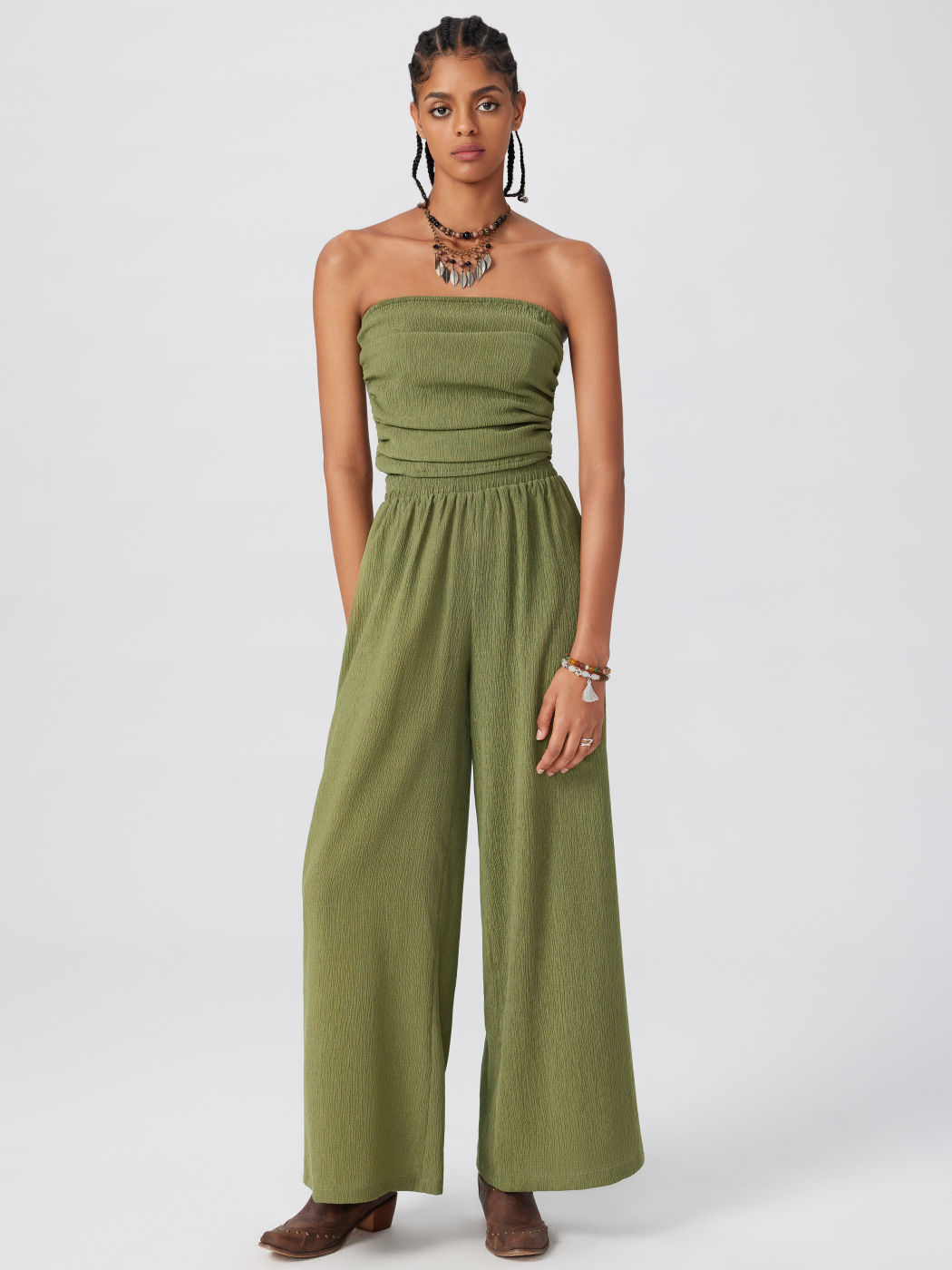 Solid Texture Crop Ruched Tube Top & Wide Leg Trousers Set