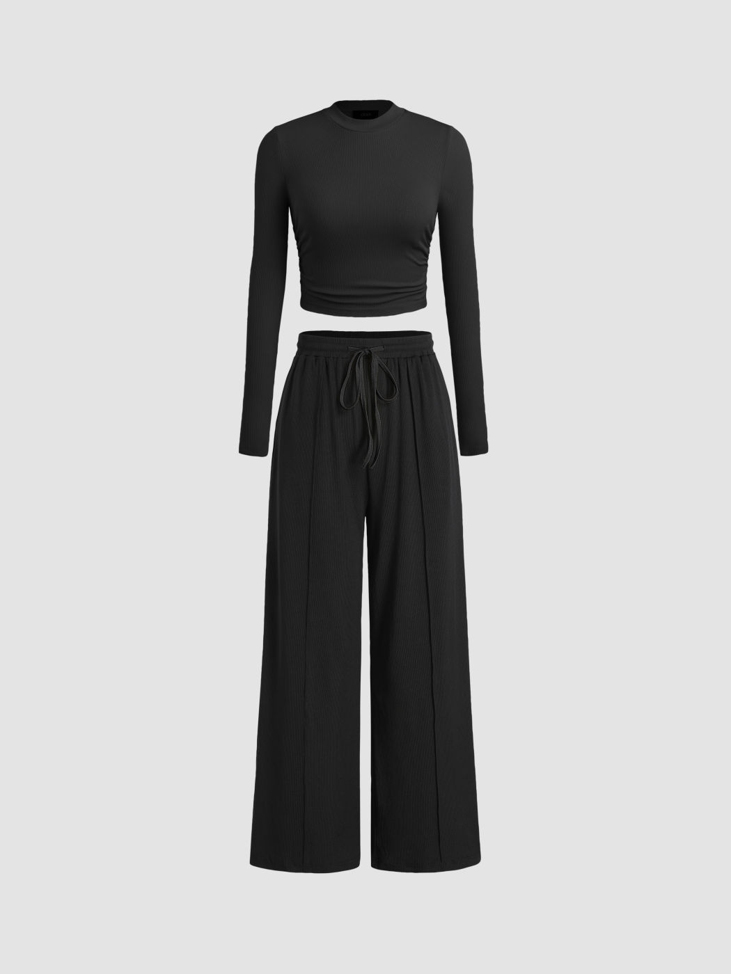 Round Neck Ruched Long Sleeve Crop Top & Wide Leg Trousers Set