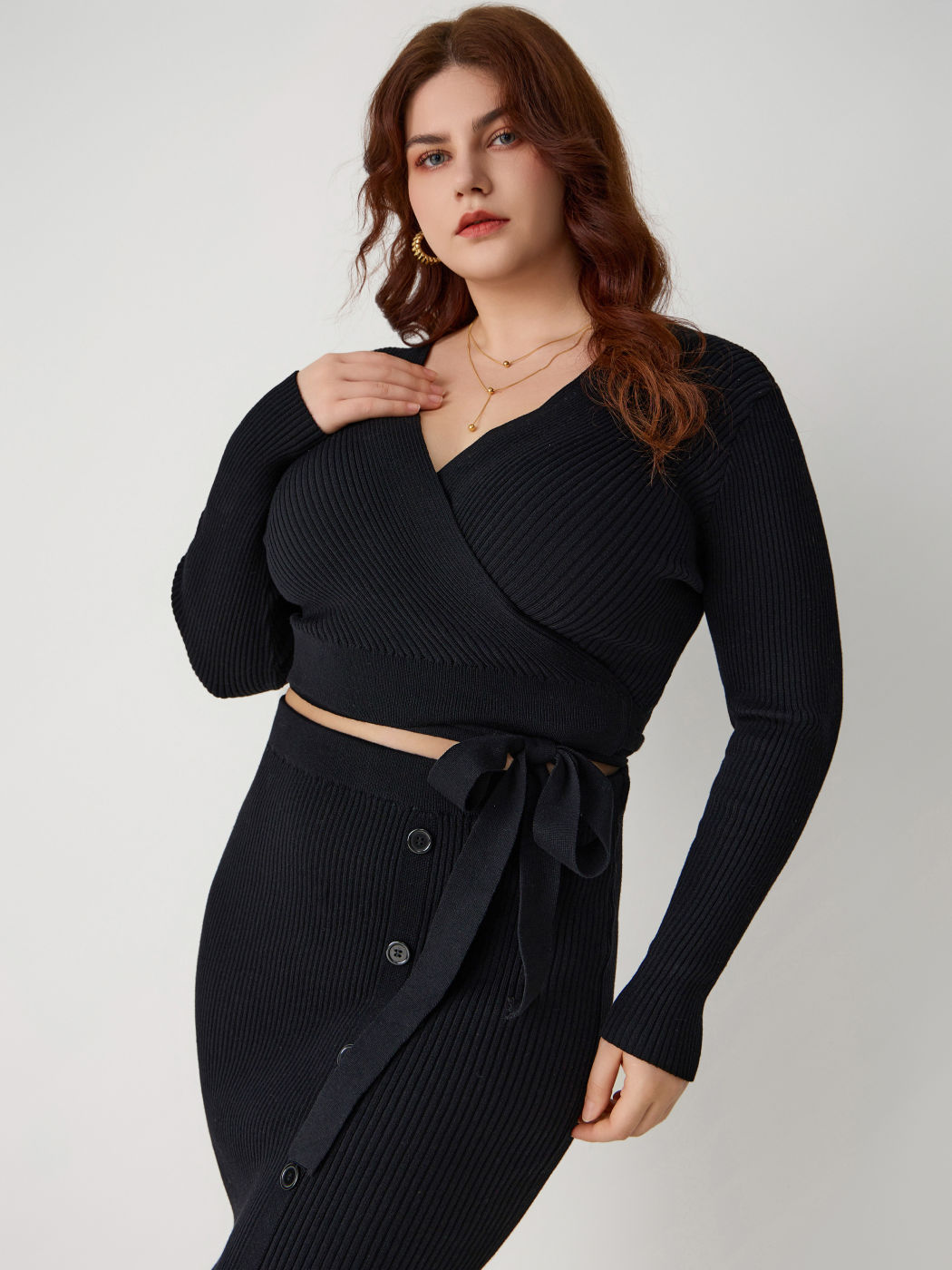 Knit V-neck Solid Knotted Cardigan Curve & Plus
