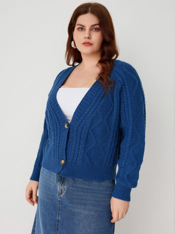 Knit Fabric V-neck Cable Knit Button Cardigan Curve & Plus For School ...