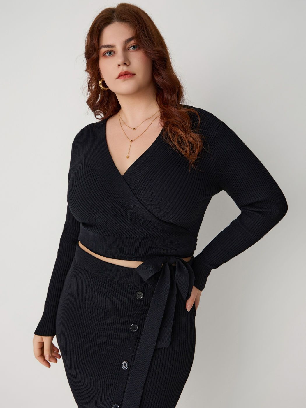 Knit V-neck Solid Knotted Cardigan Curve & Plus