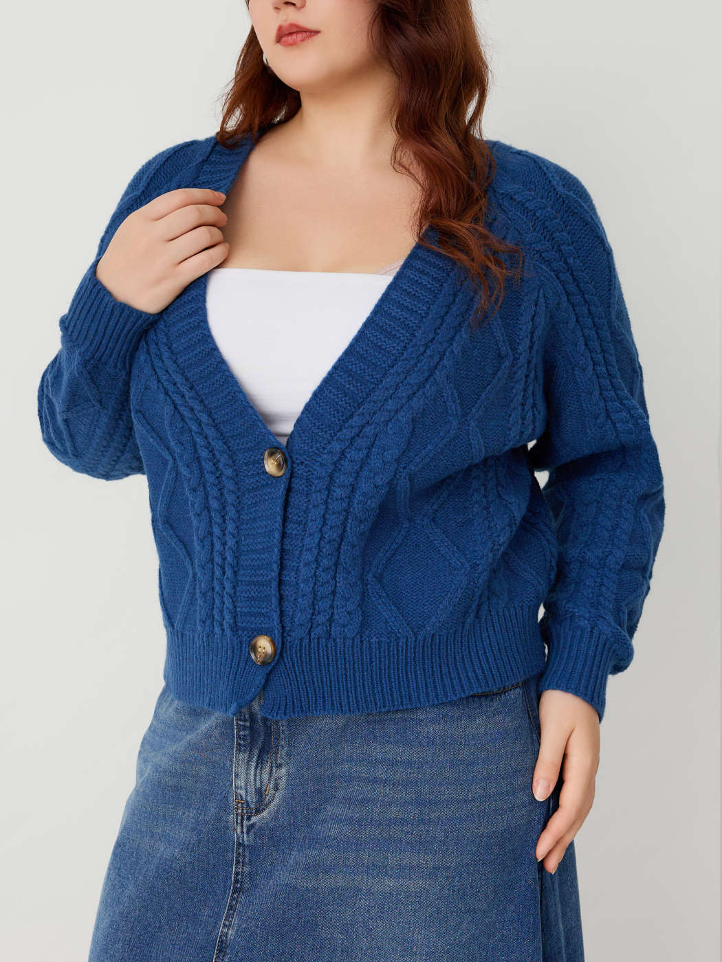 V-neck Cable Knit Button Cardigan Curve & Plus