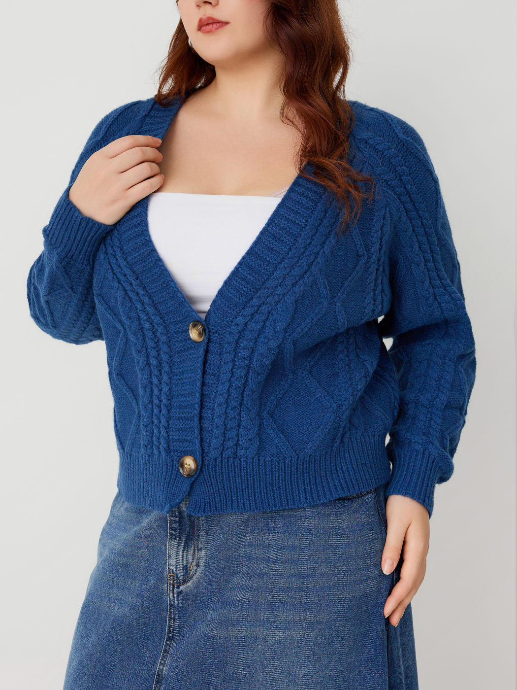 V-neck Cable Knit Button Cardigan Curve & Plus