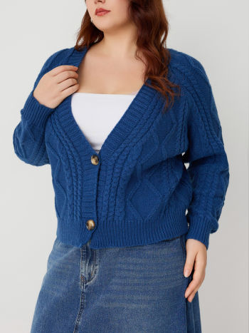 Knit Fabric V-neck Cable Knit Button Cardigan Curve & Plus For School ...