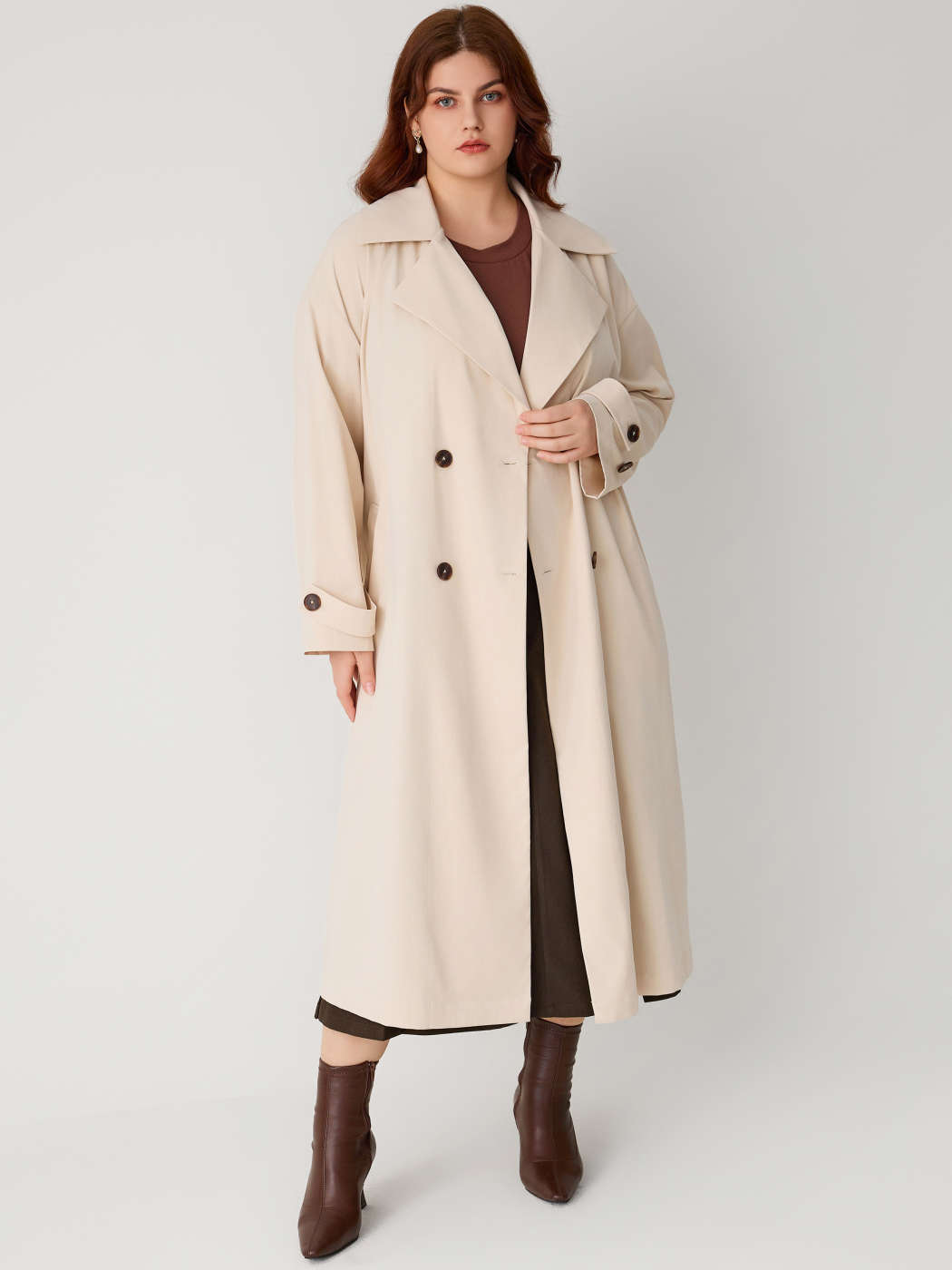 Solid Collar Trench Coat With Belt Curve Plus For Décontracté