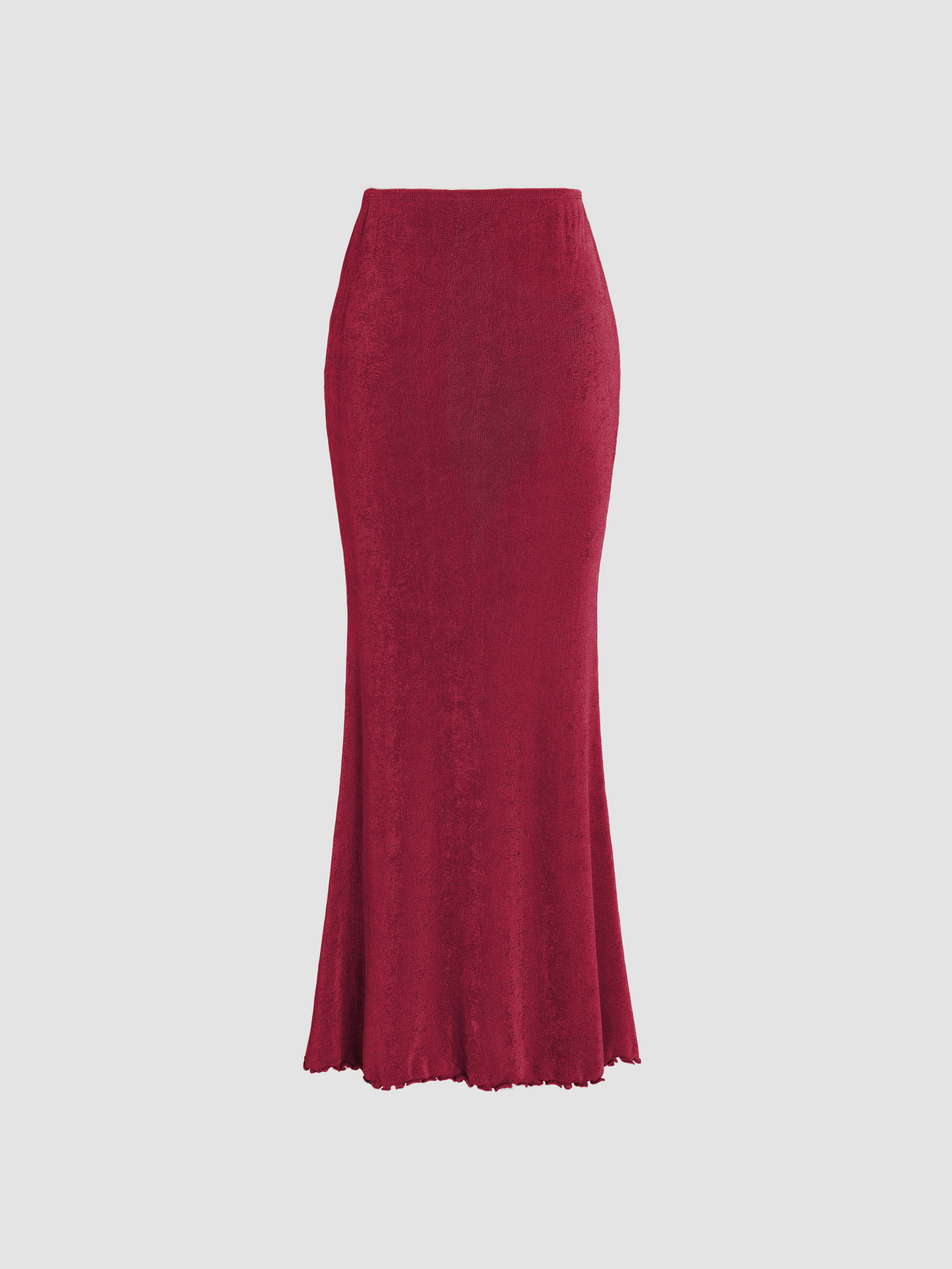 Deep Red Textured Tassel Trimmed Maxi Skirt | Bottoms