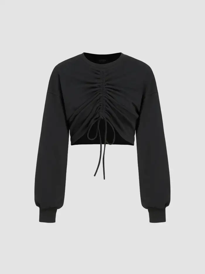 Terry Round Neck Long Sleeve Drawstring Crop Sweatshirt For School