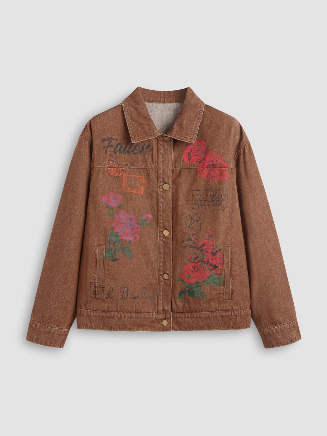 Collar Rose Letter Pocket Denim Jacket