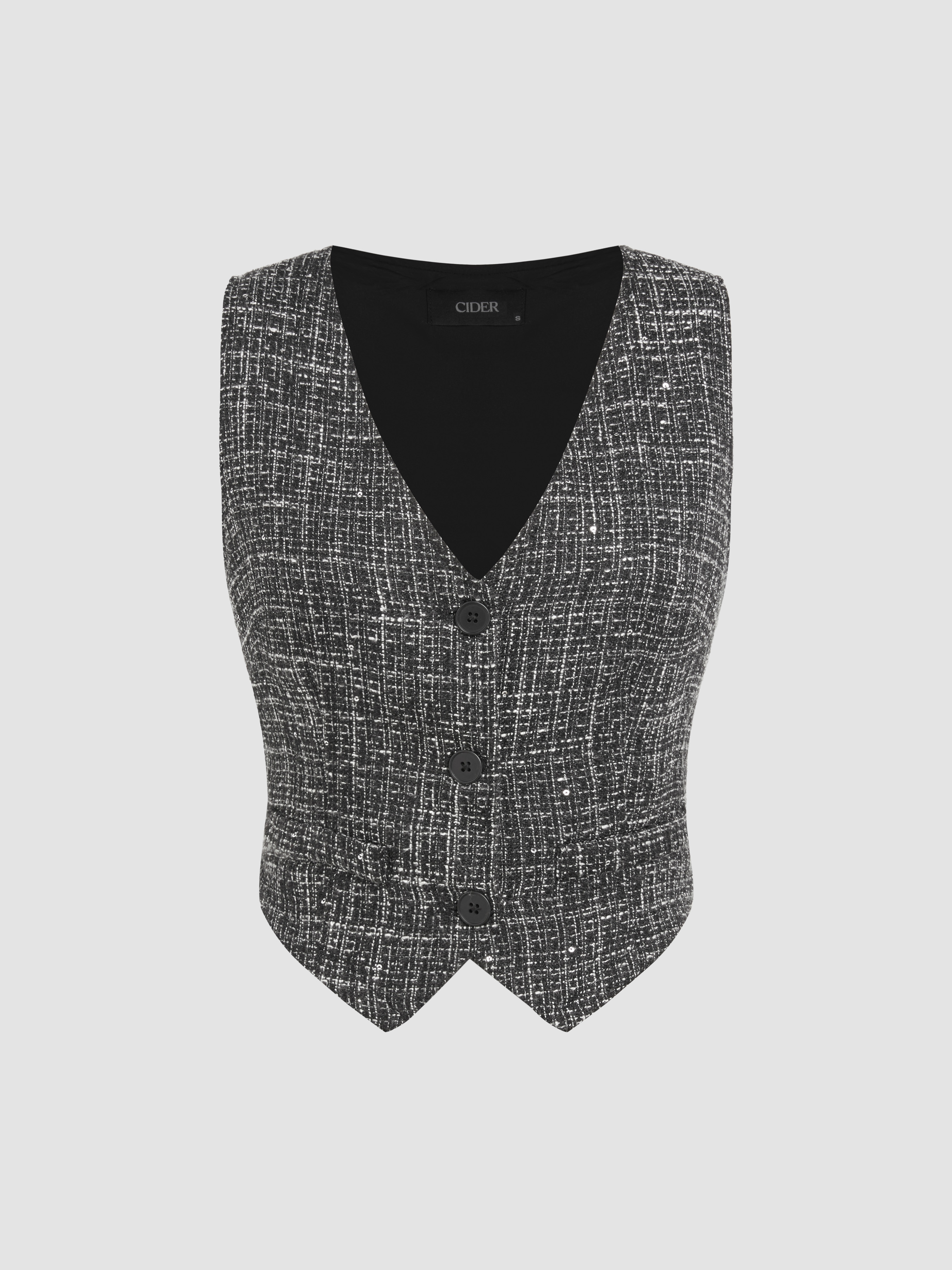 Tweed Sequin V Neck Button Vest - Cider