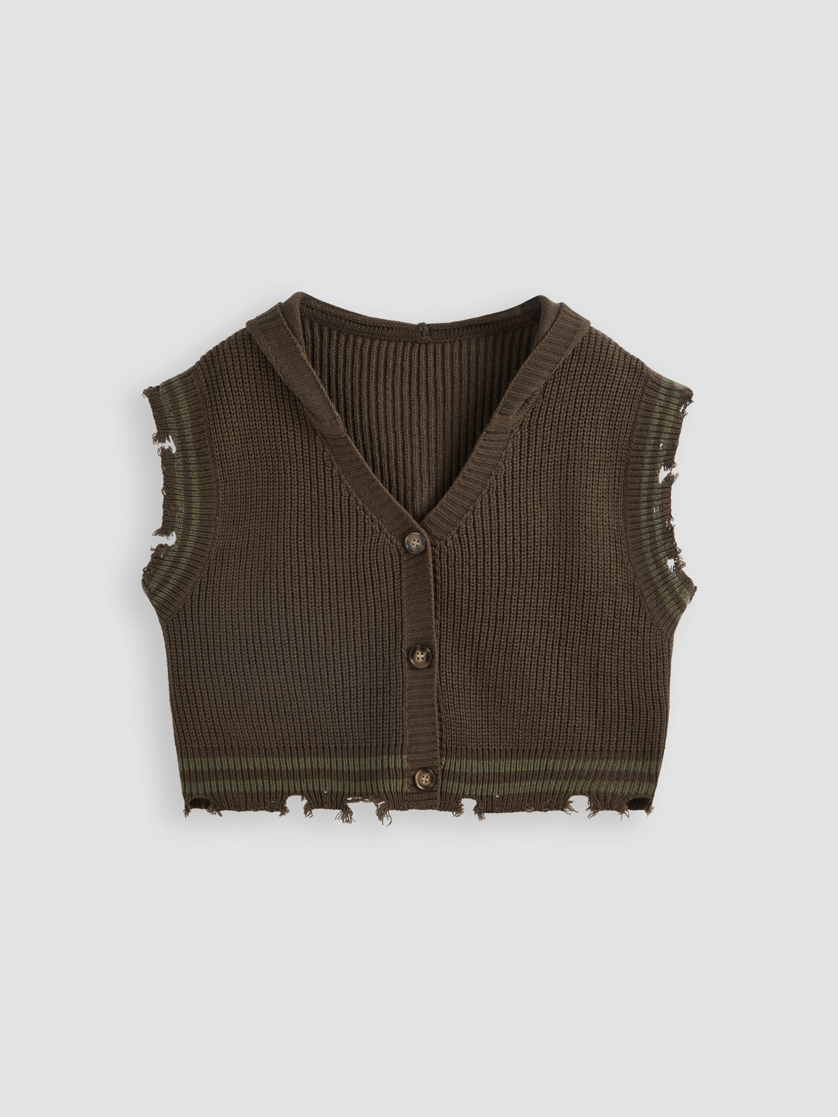 【KOOLOSET】Damage V Knit Vest Sweater Vest Knit Fabric Knit Ripped Hooded Crop Vest For
